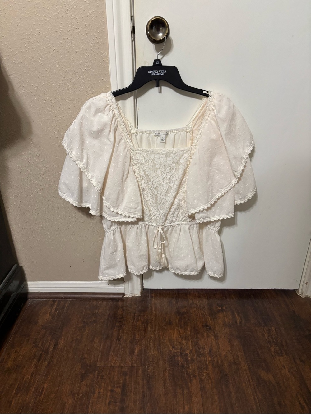 Cato Cream Lace Peasant Top with Flutter Cape Sleeve - XL